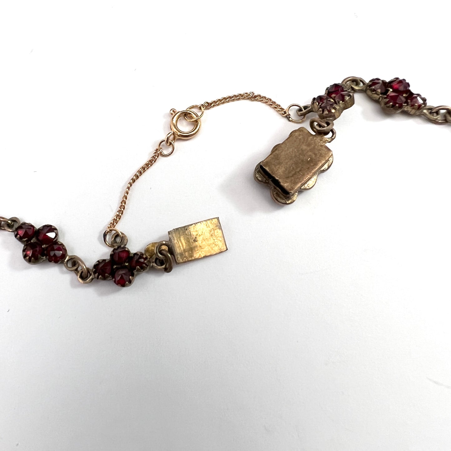 Antique late Victorian Bohemian Garnet Gilt Metal Necklace w 18k Safety Chain