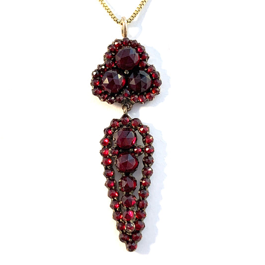 Antique Gilt Silver Bohemian Garnet Pendant. Vintage Gilt Silver Chain.