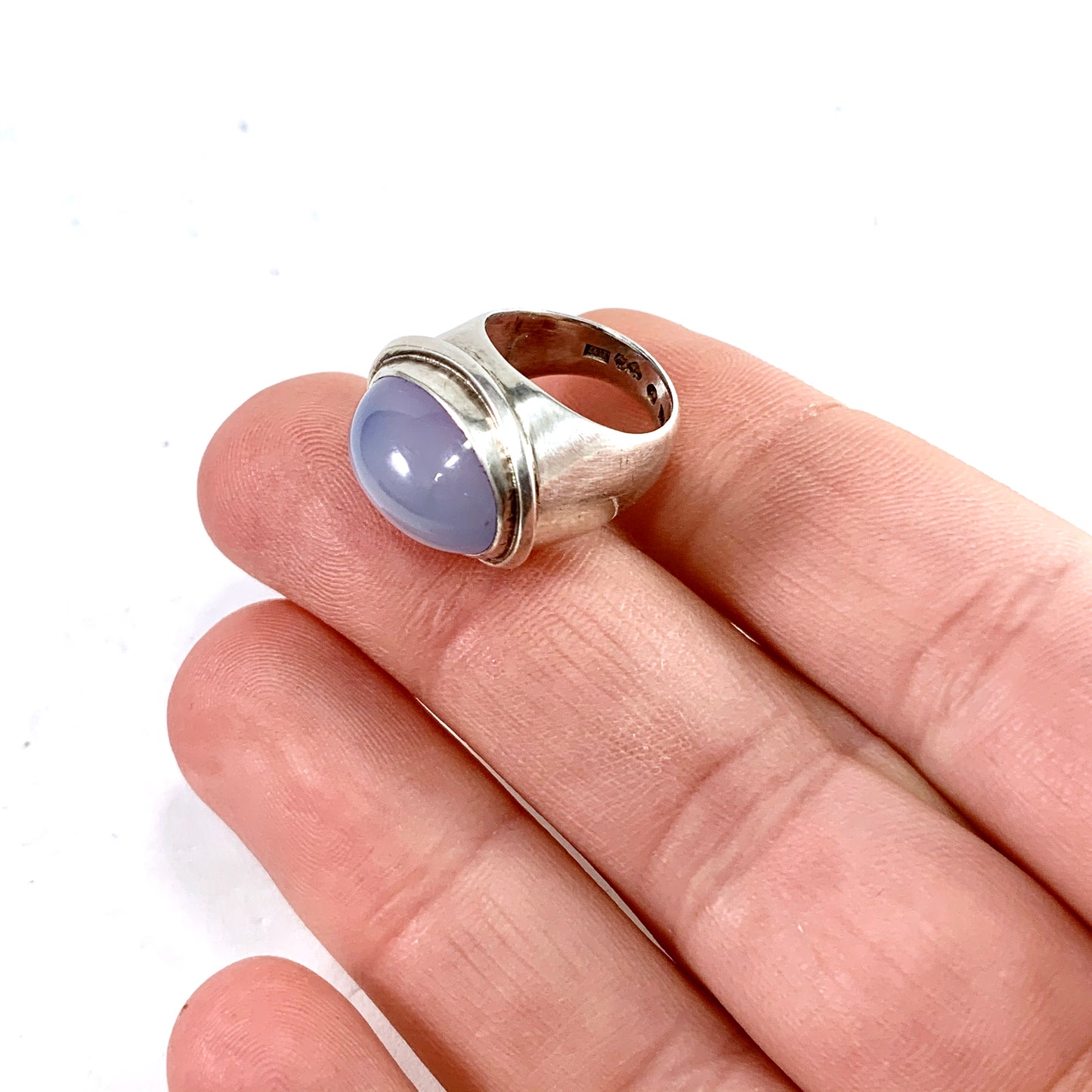 Rey Urban, Stockholm 1955 Mid Century Modern Sterling Silver Chalcedony Pinky Ring. Early.