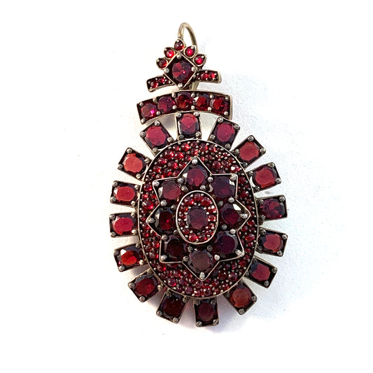 Victorian Gilt Silver Flat Cut and Rose Cut Bohemian Garnet Locket Pendant / Brooch