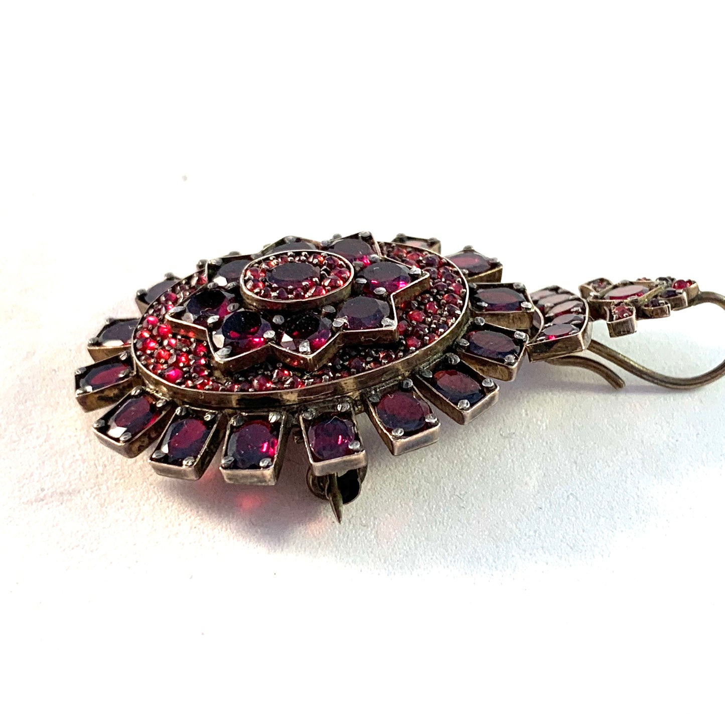 Victorian Gilt Silver Flat Cut and Rose Cut Bohemian Garnet Locket Pendant / Brooch