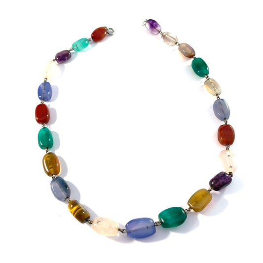 Vintage 1960s. Silver 835 Agate, Chalcedony, Chrysoprase, Quartz, Amethyst and Tiger Eye Necklace.