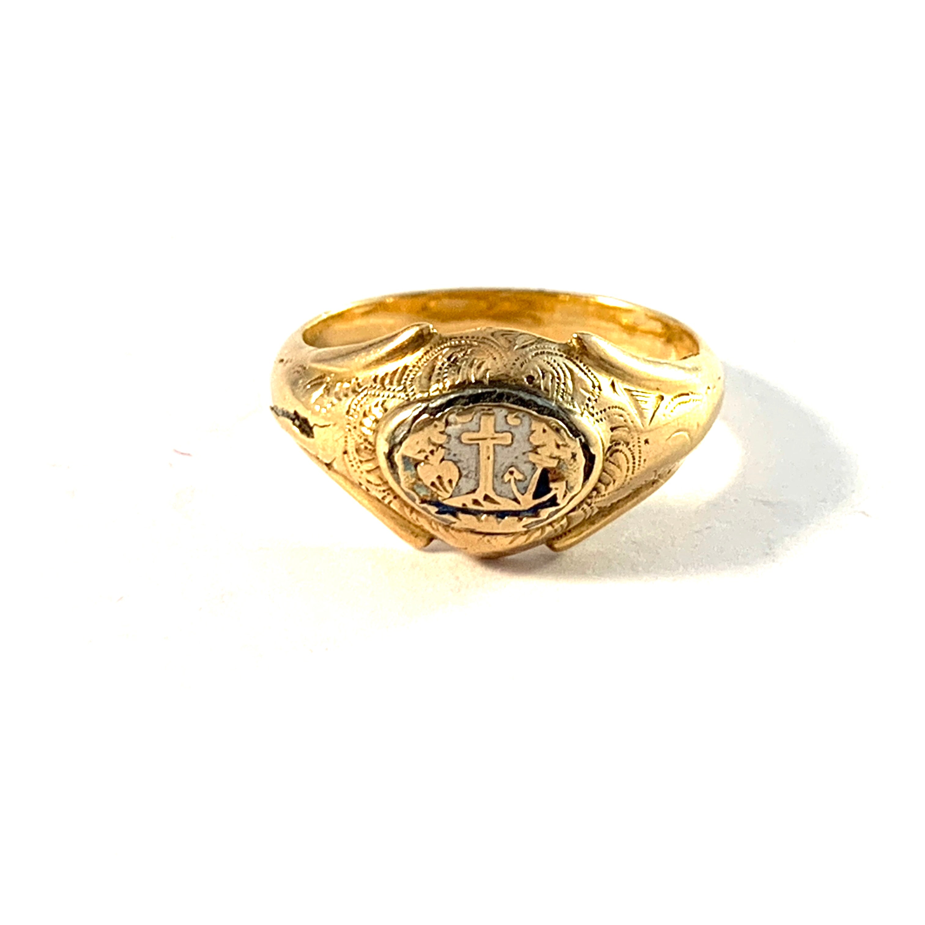 Sweden mid 1800s. Antique 18k Gold Faith, Hope and Love Ring.