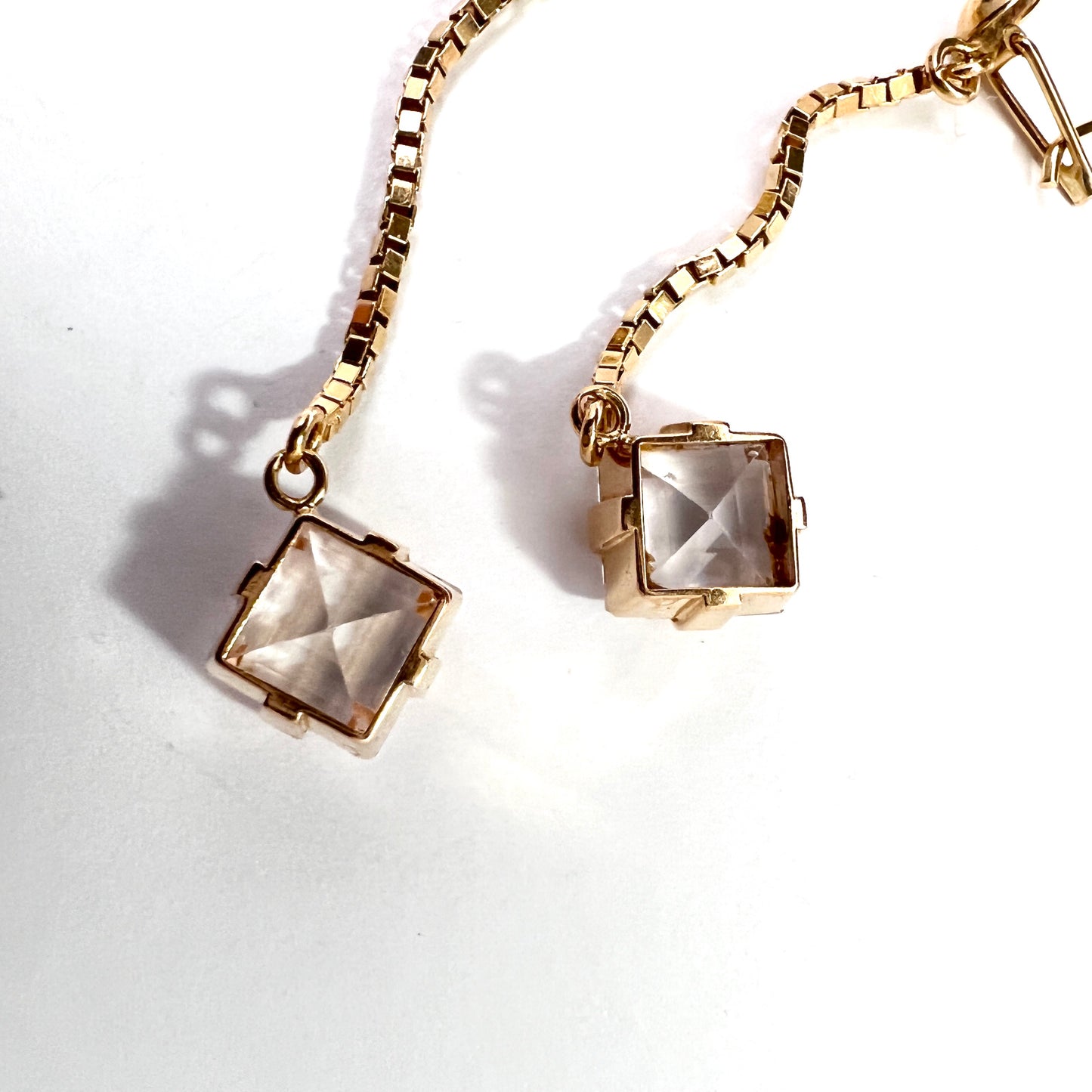 Sweden c 1950s. Vintage 18k Gold Rock Crystal Dangle Earrings.