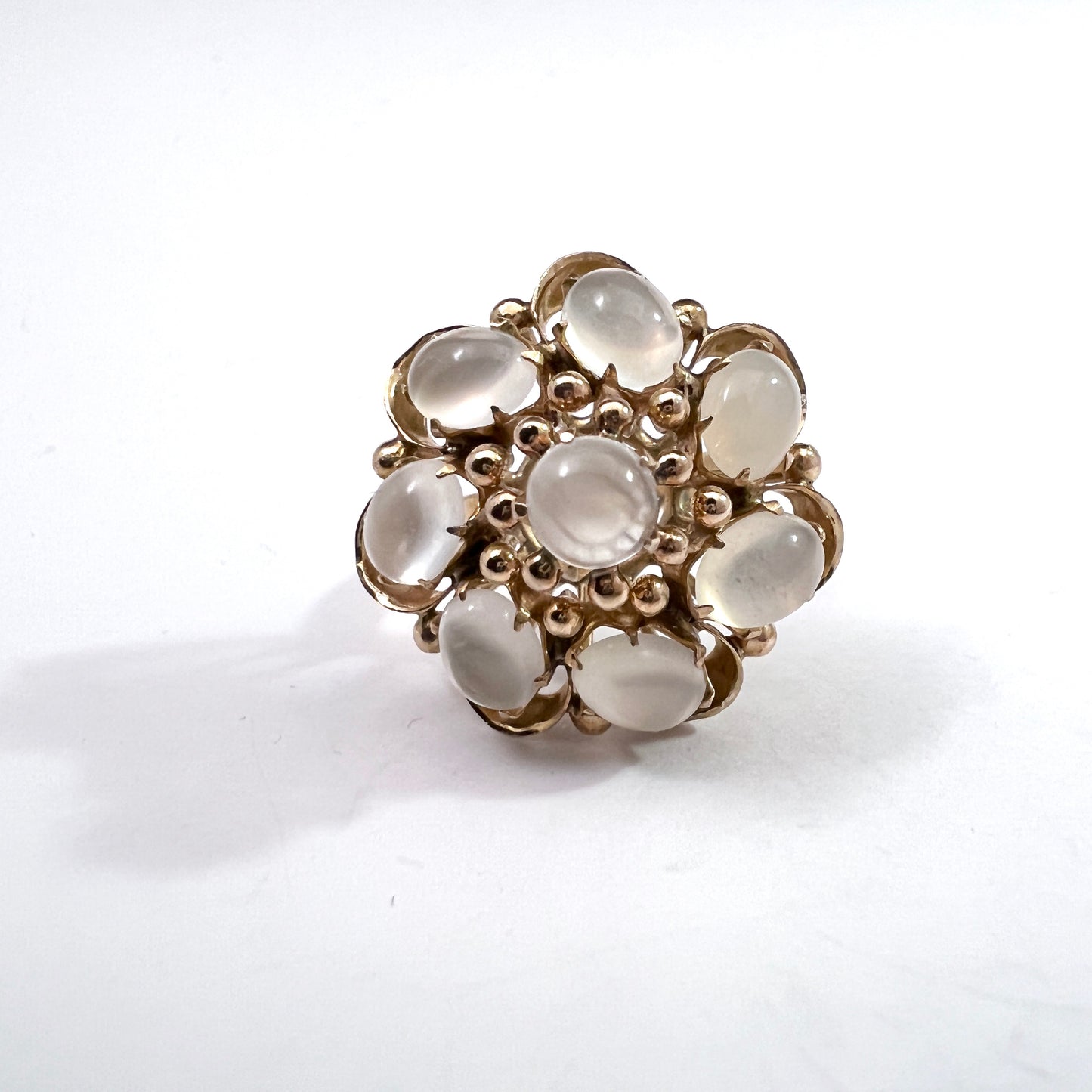 Vintage Mid-century 18k Gold Moonstone Cluster Cocktail Ring.