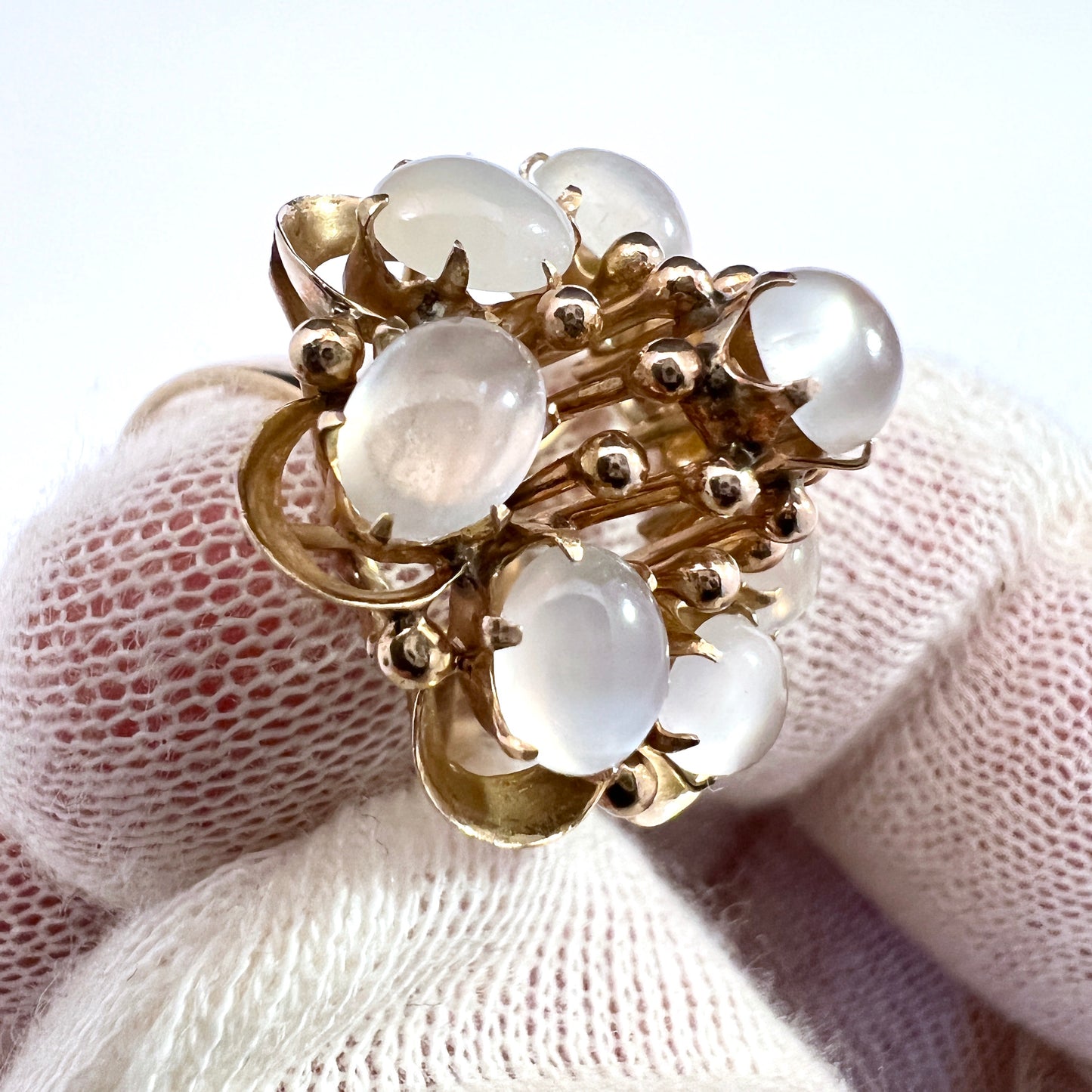 Vintage Mid-century 18k Gold Moonstone Cluster Cocktail Ring.