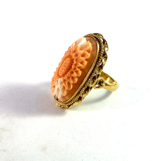 Vintage Mid Century 14k Gold Large Carved Coral Ring.