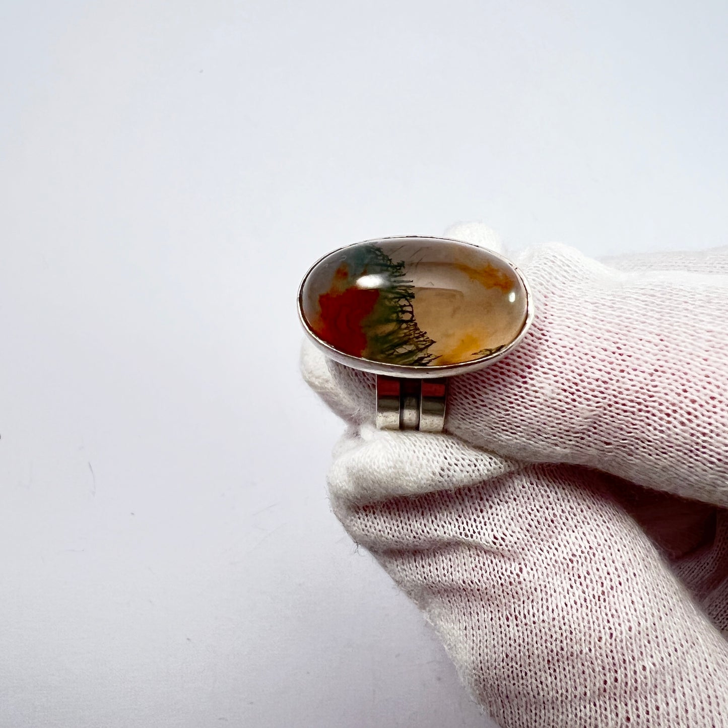 Elis Kauppi,  Kupittaan Kulta Finland 1960s. Sterling Silver Moss Agate Ring.