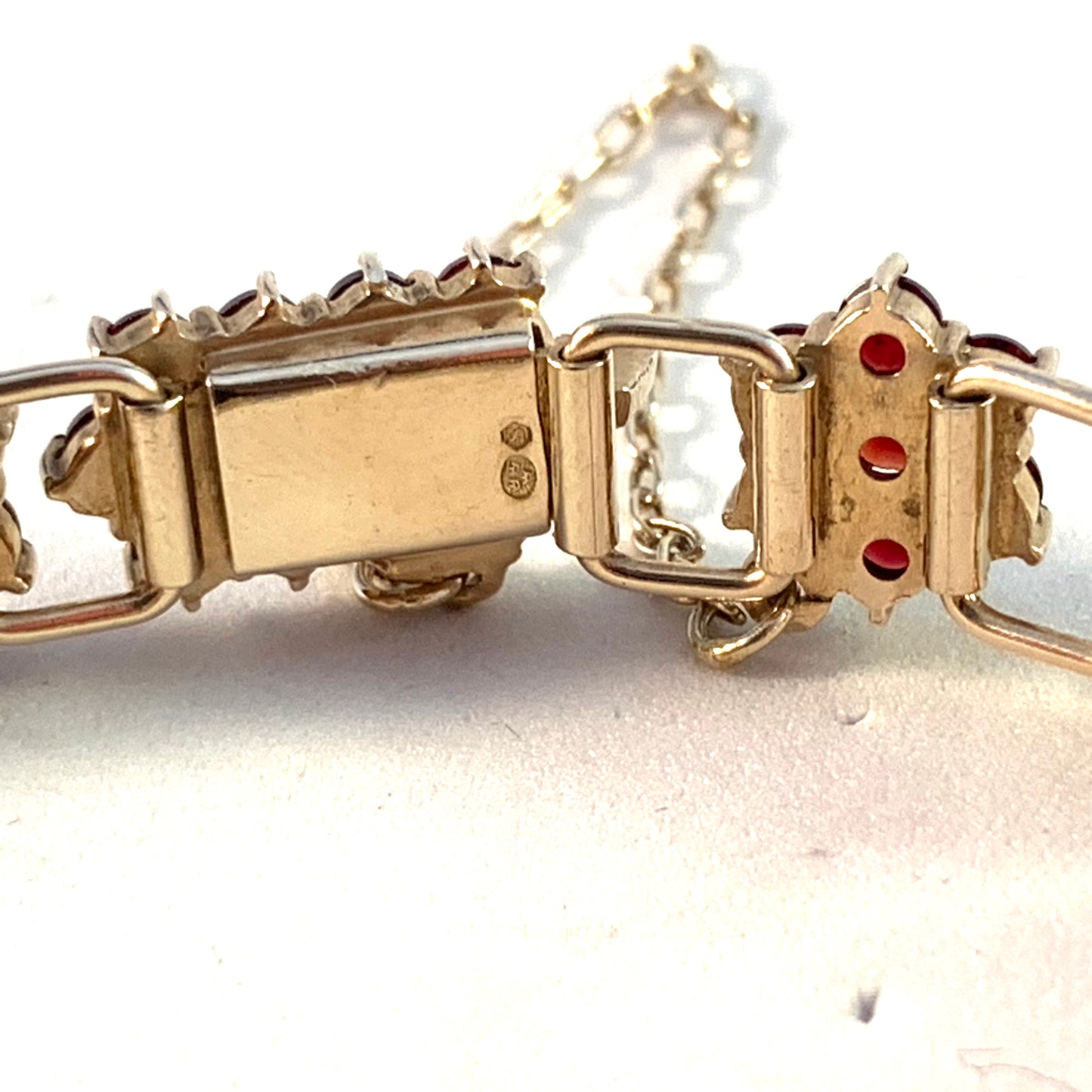 Early 1900s Bohemian Garnet Gilt 830 Silver Bracelet.