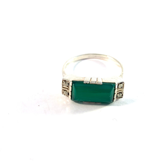 Sweden Vintage 1930-40s Solid 830 Silver Marcasite Chrysoprase Ring.