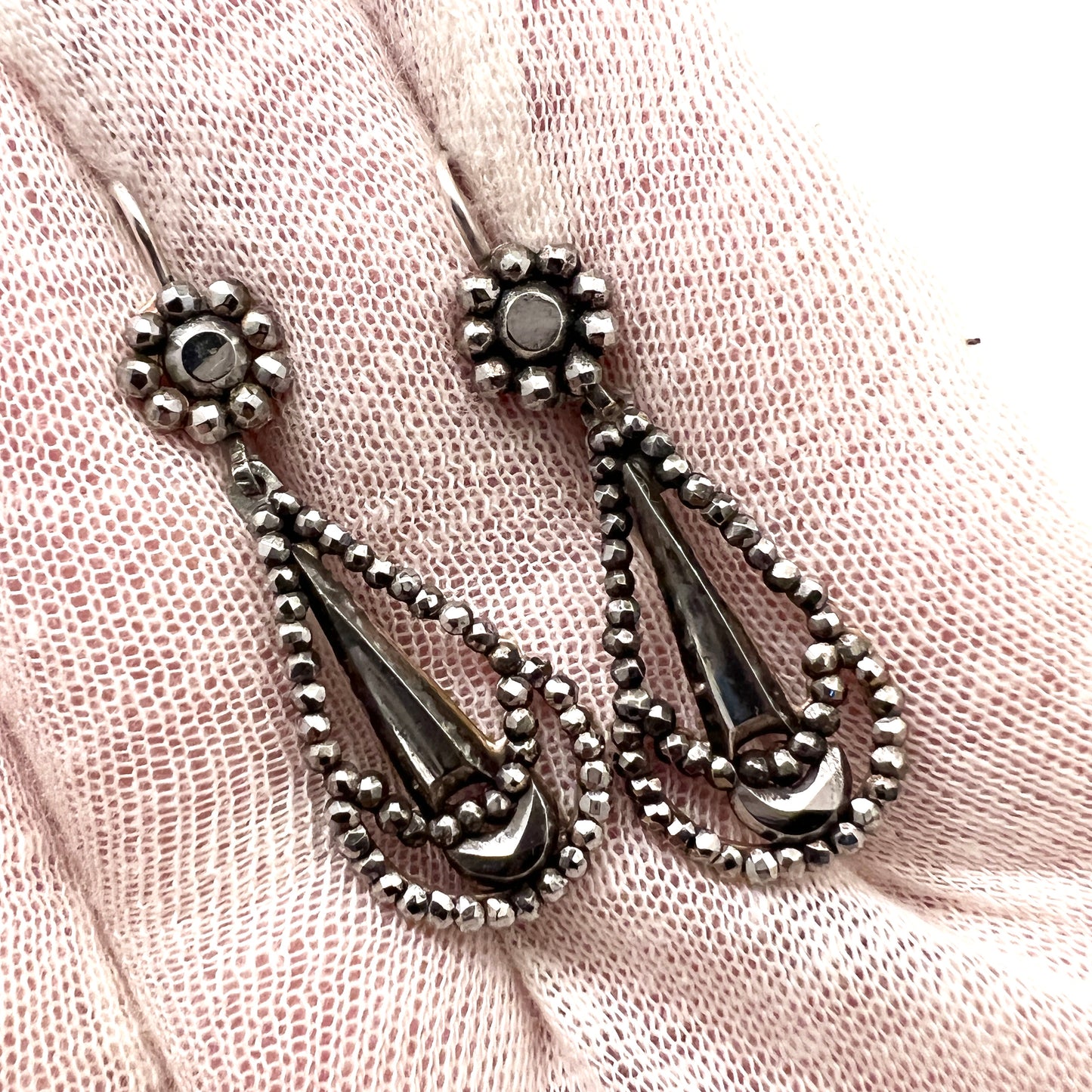 Antique Victorian Cut Steel Silver Hooks Earrings.
