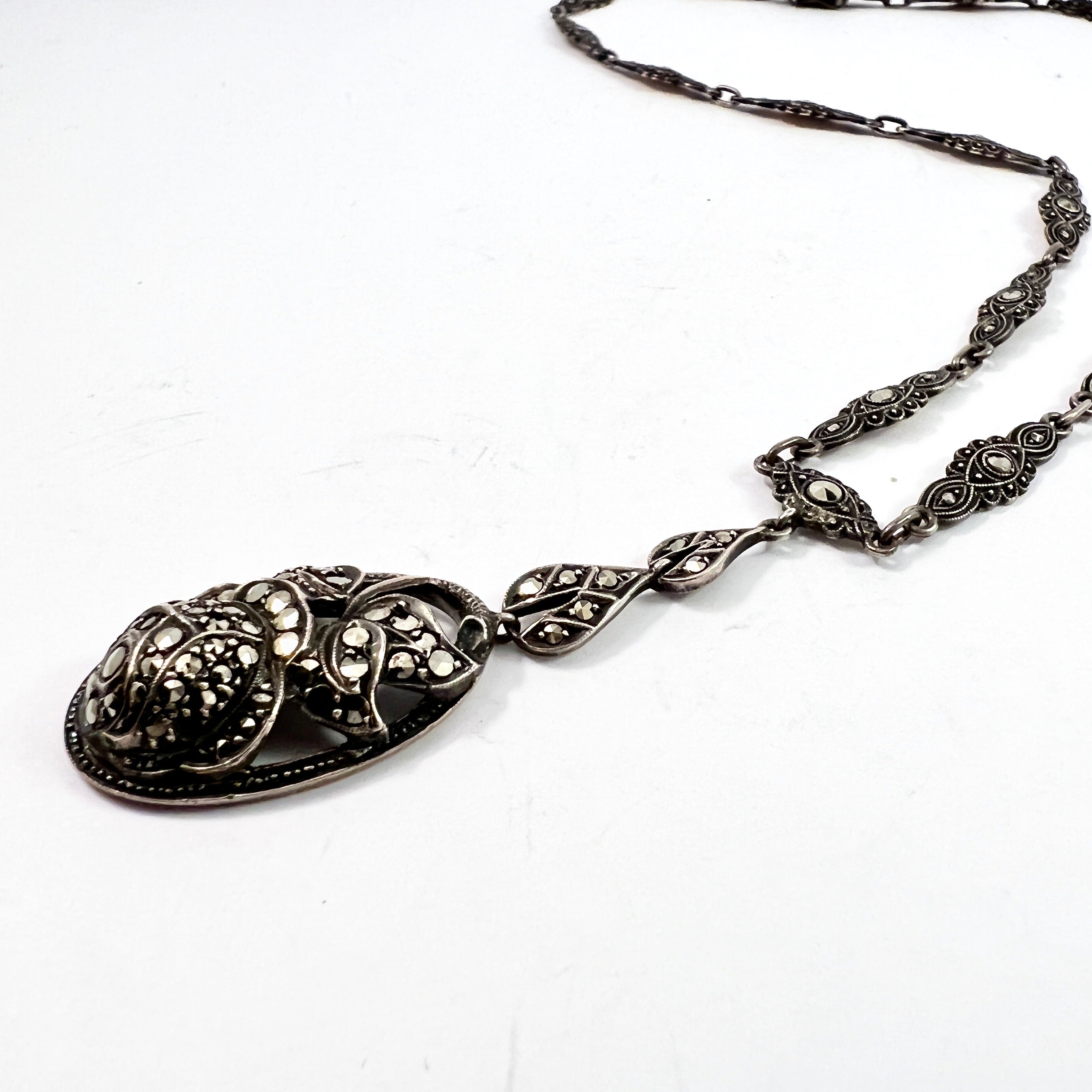 Germany/Austria 1920-30s Sterling 935 Silver Marcasite Pendant Necklace