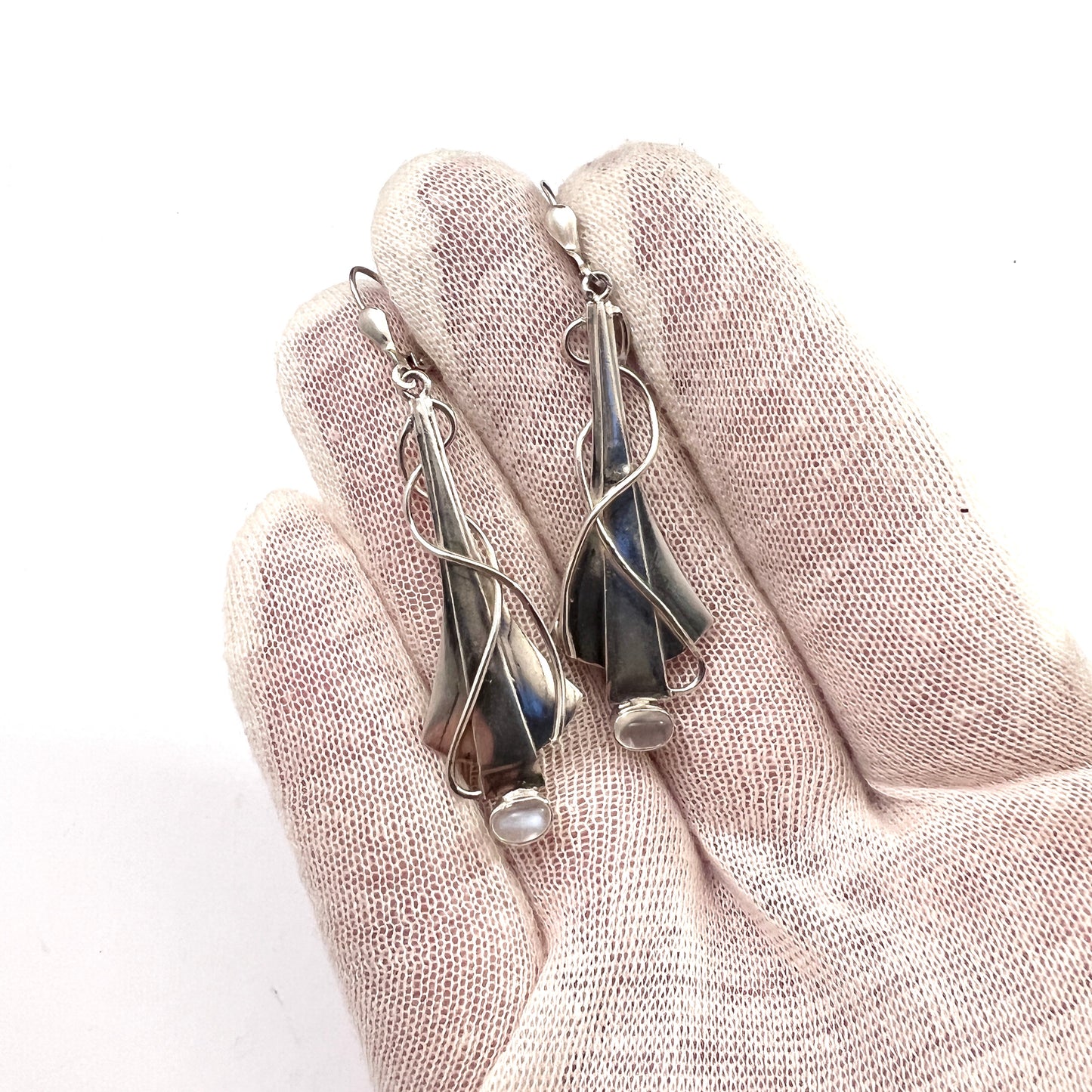 Vintage Large Pair of Sterling Silver Moonstone Earrings.