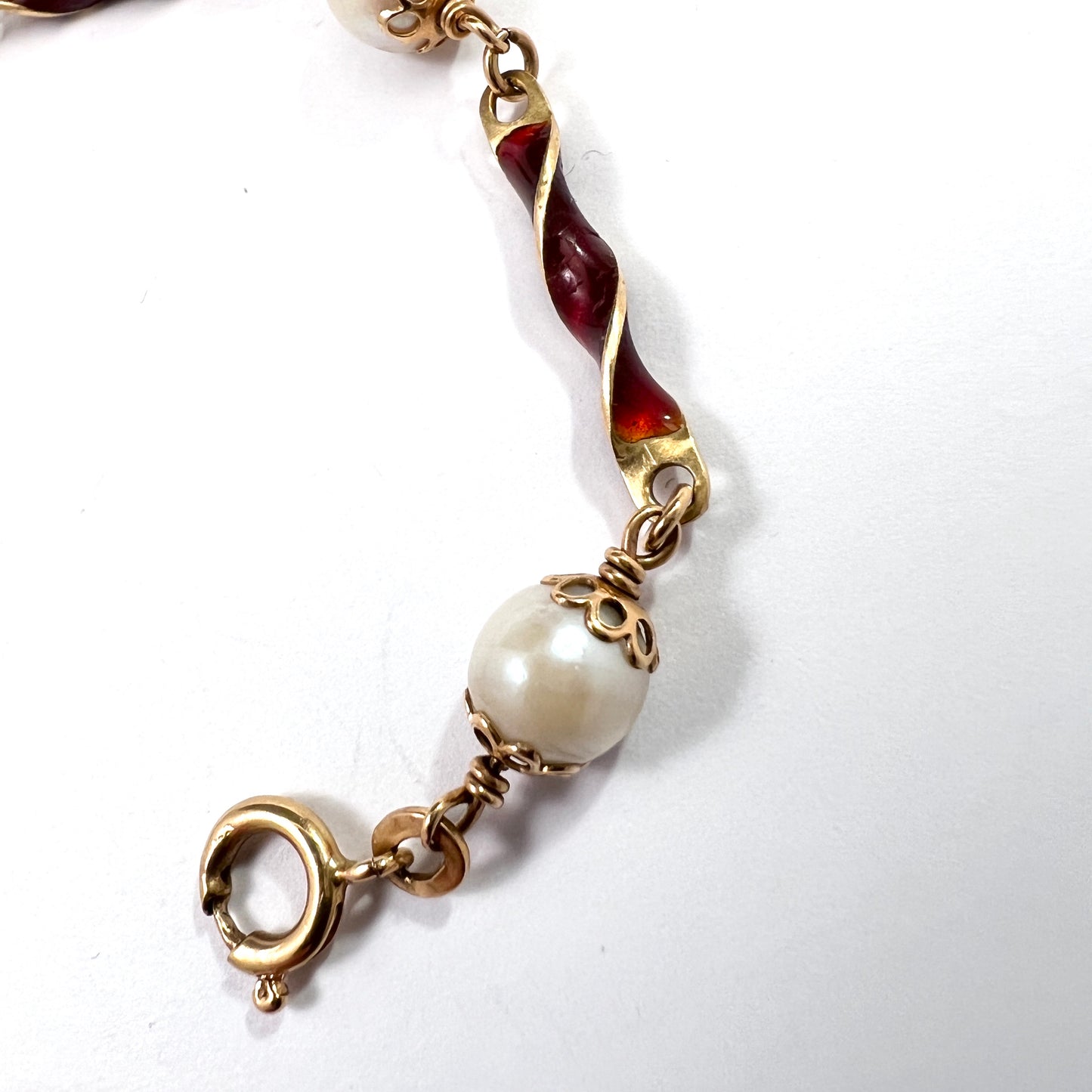 Ponzalli & Chini, Arezzo, Italy 1944-68. Vintage 18k Gold Enamel Pearl Bracelet.
