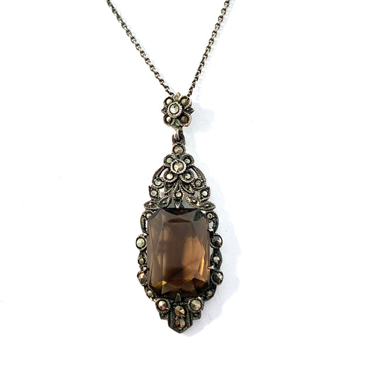 Austria / Germany c 1930-40s. Sterling 935 Silver Smoky Quartz Marcasite Pendant Necklace.