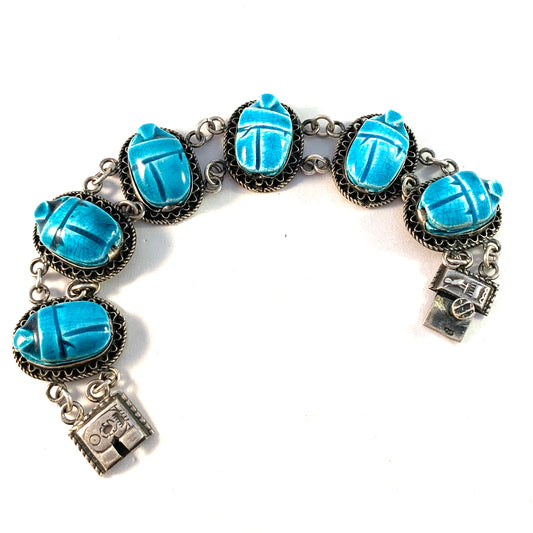 Egypt, Vintage Mid Century Solid Silver Faience Scarab Bracelet.