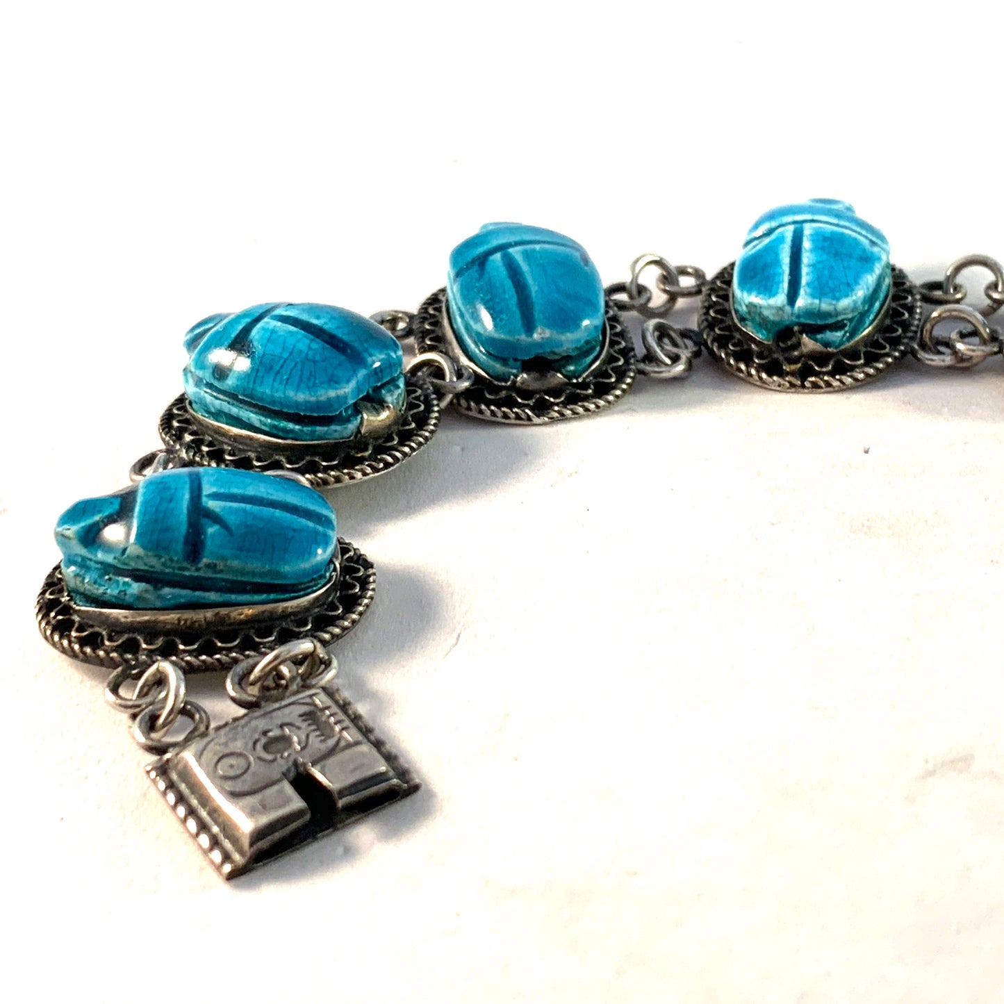 Egypt, Vintage Mid Century Solid Silver Faience Scarab Bracelet.