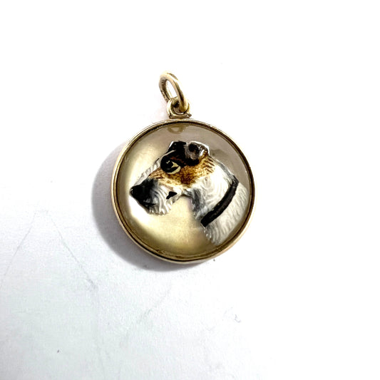 Antique 14k Gold Essex Crystal Reverse Painted Terrier Pendant Charm.