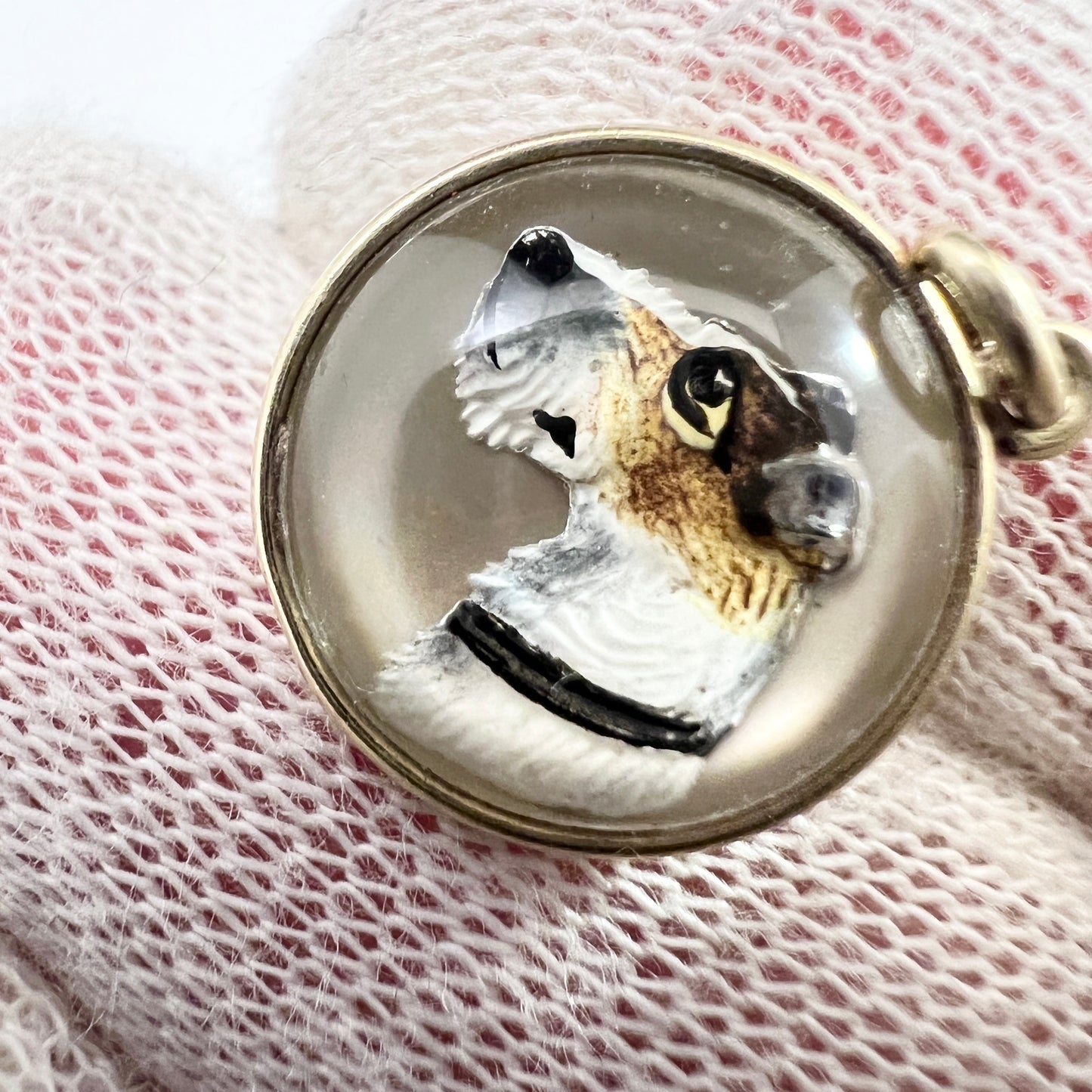 Antique 14k Gold Essex Crystal Reverse Painted Terrier Pendant Charm.