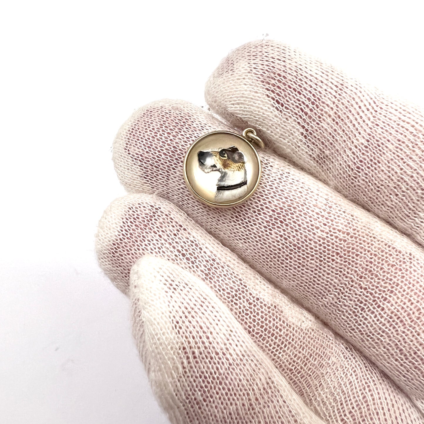 Antique 14k Gold Essex Crystal Reverse Painted Terrier Pendant Charm.