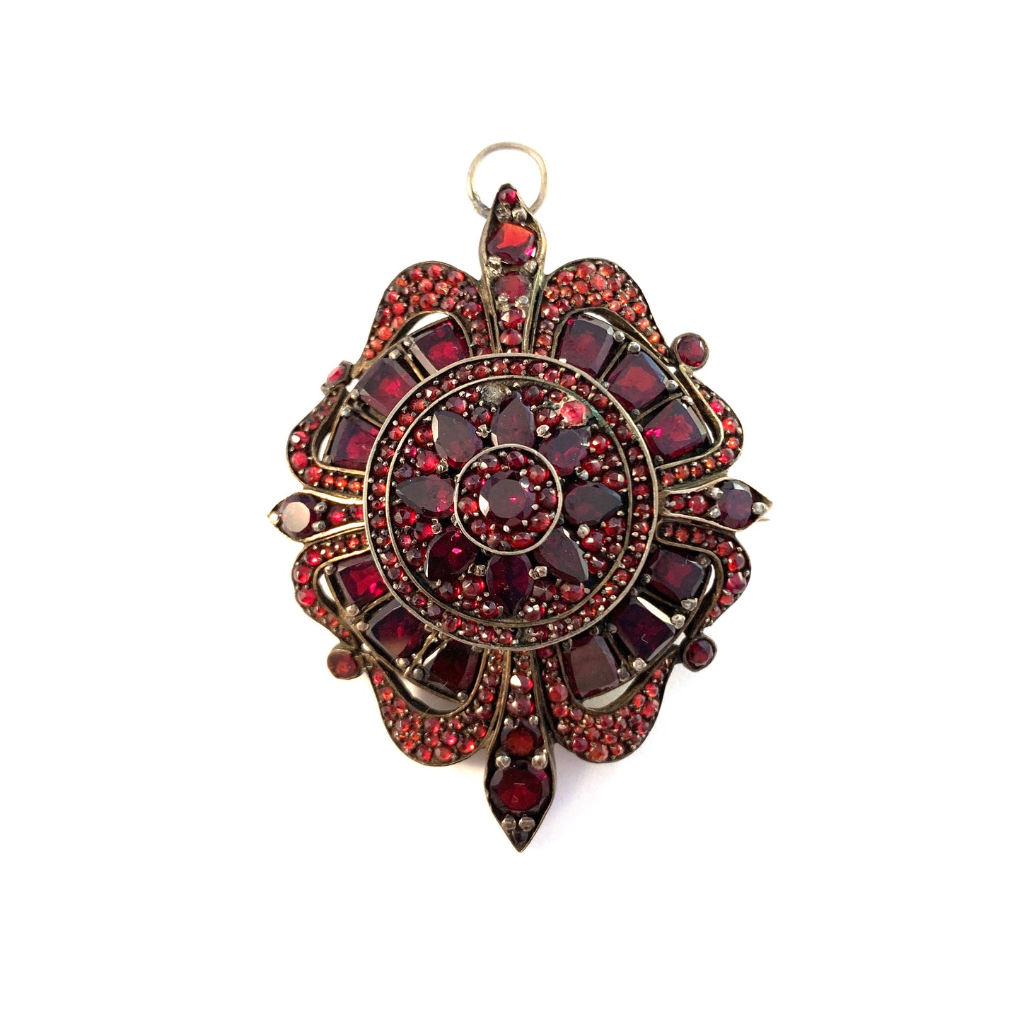 Antique Victorian Bohemian Garnet Gilt Silver Locket Pendant Brooch.