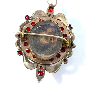 Antique Victorian Bohemian Garnet Gilt Silver Locket Pendant Brooch.
