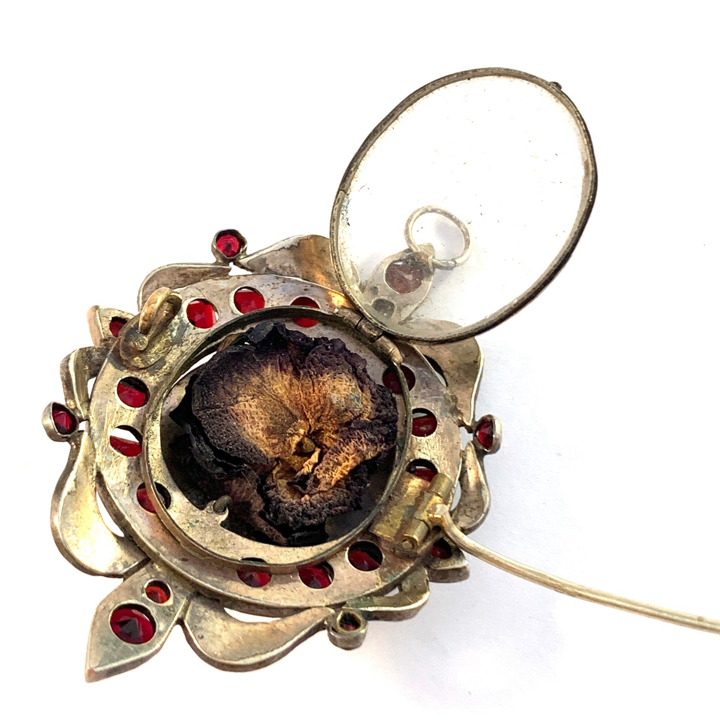 Antique Victorian Bohemian Garnet Gilt Silver Locket Pendant Brooch.