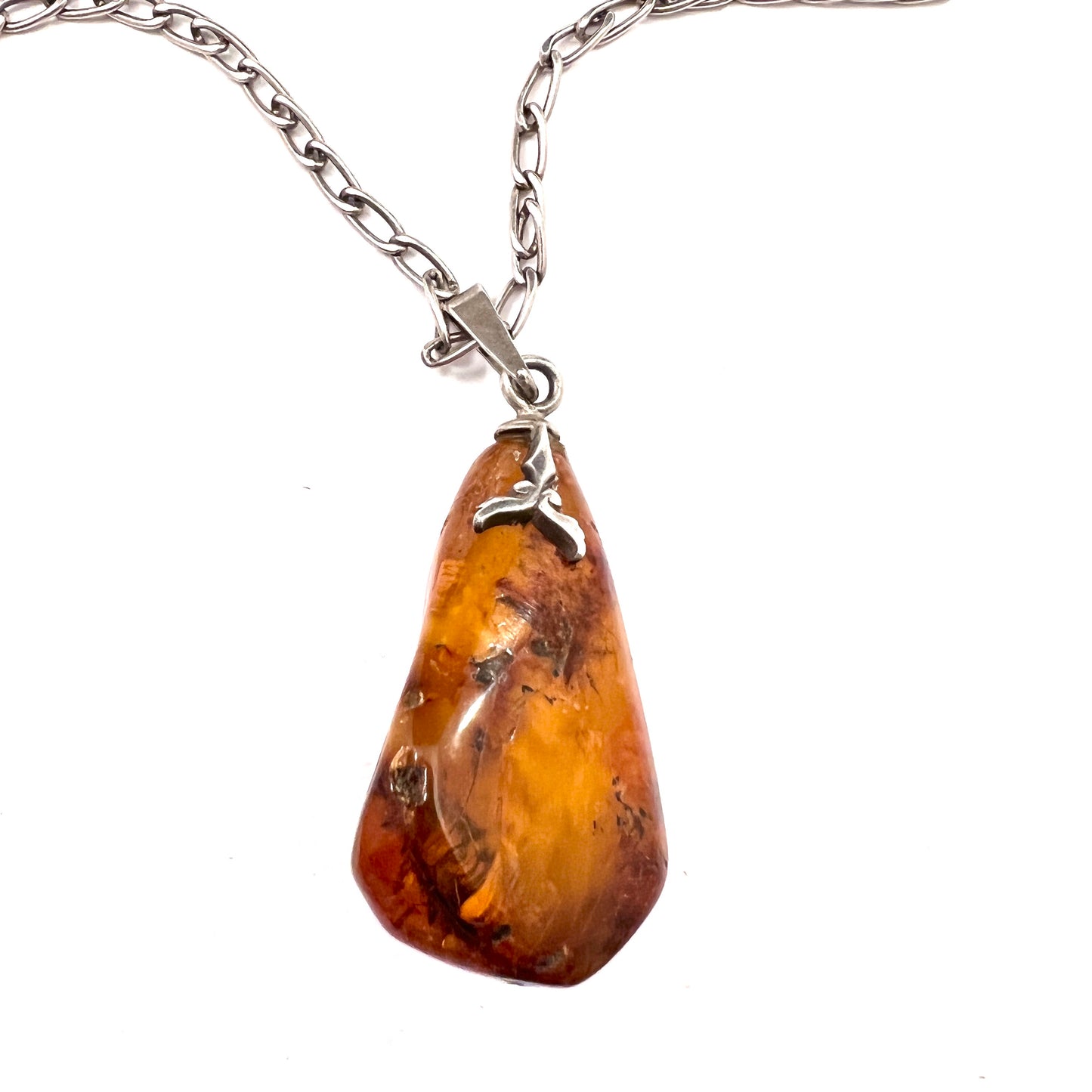 Maker RM, Poland 1963-86. Vintage Silver Large Baltic Amber Pendant 31in Chain Necklace.