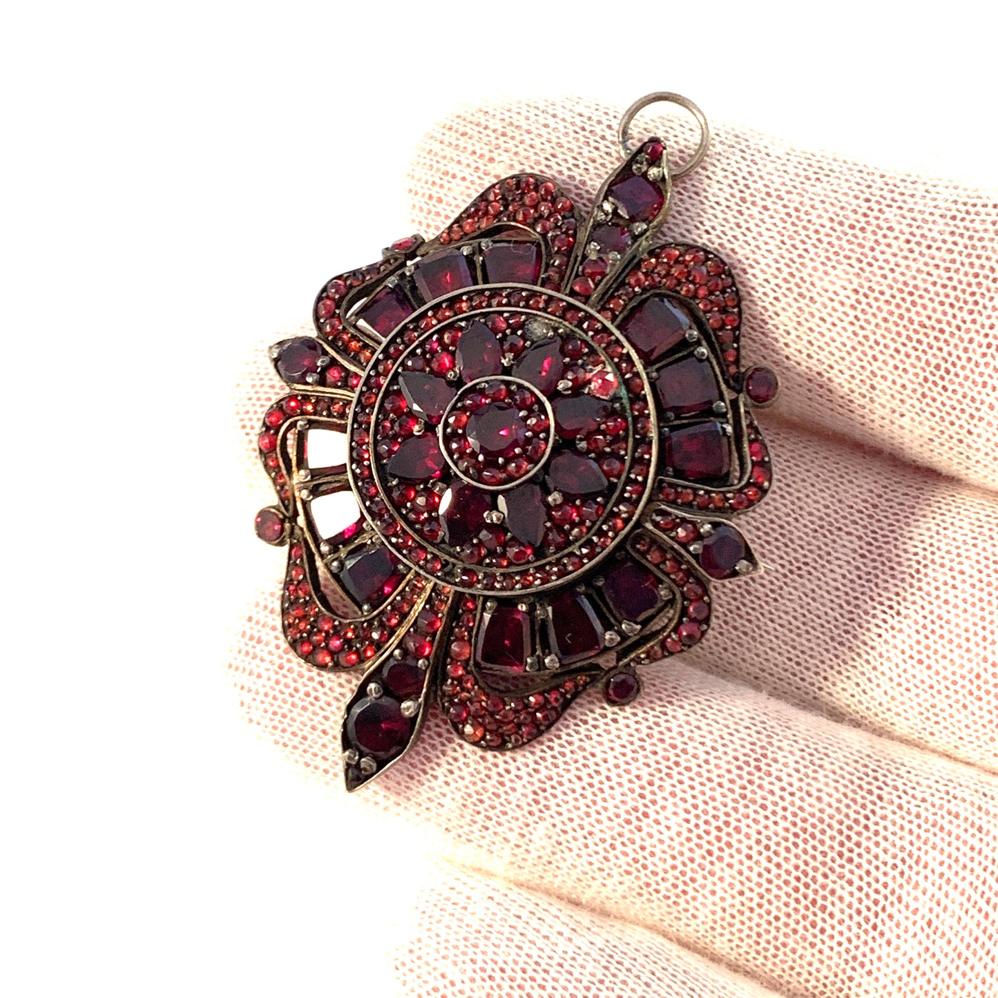 Antique Victorian Bohemian Garnet Gilt Silver Locket Pendant Brooch.