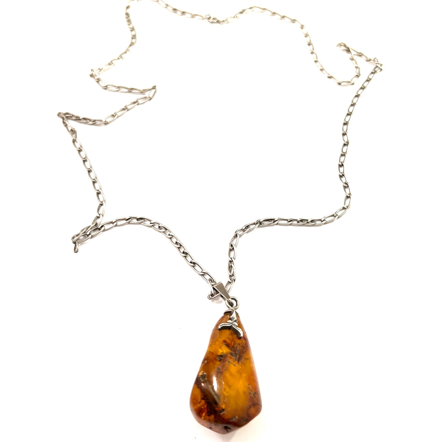 Maker RM, Poland 1963-86. Vintage Silver Large Baltic Amber Pendant 31in Chain Necklace.