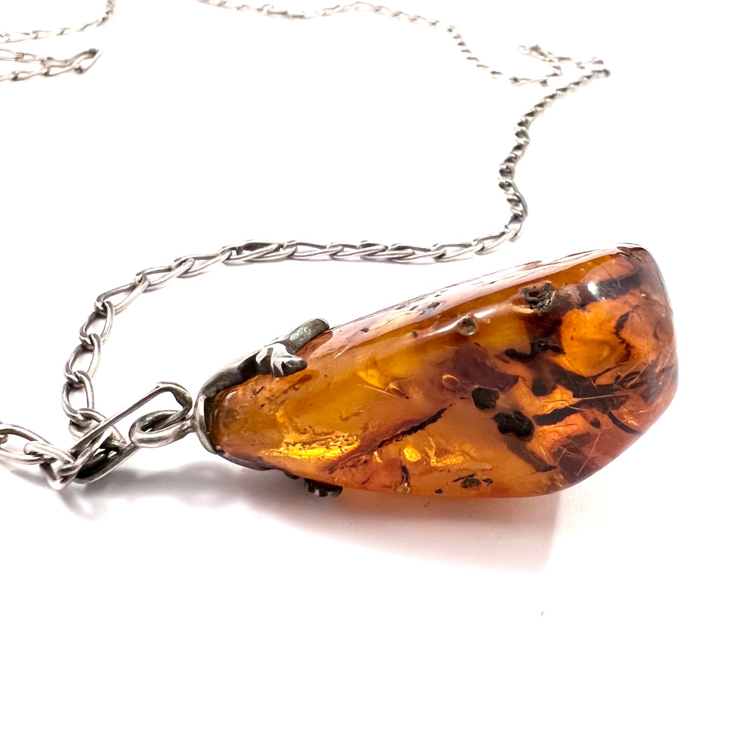 Maker RM, Poland 1963-86. Vintage Silver Large Baltic Amber Pendant 31in Chain Necklace.