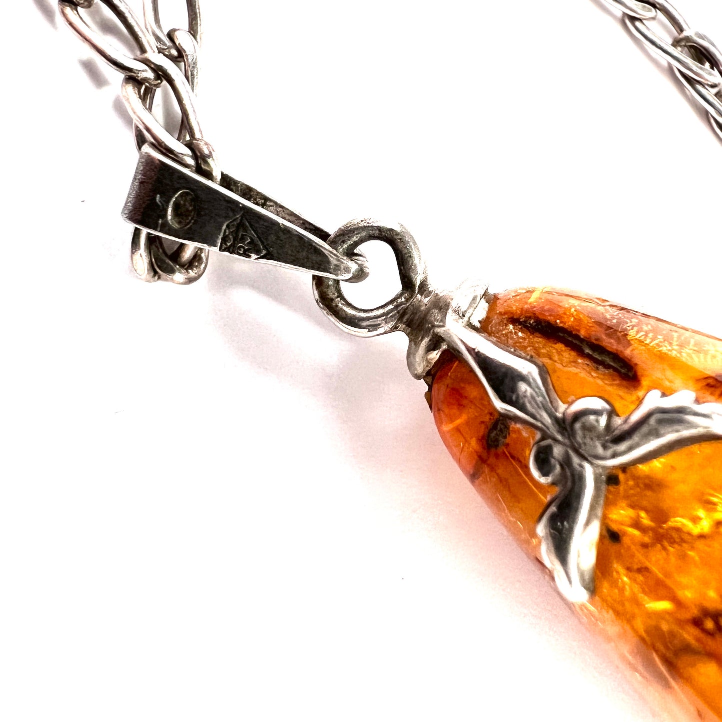 Maker RM, Poland 1963-86. Vintage Silver Large Baltic Amber Pendant 31in Chain Necklace.