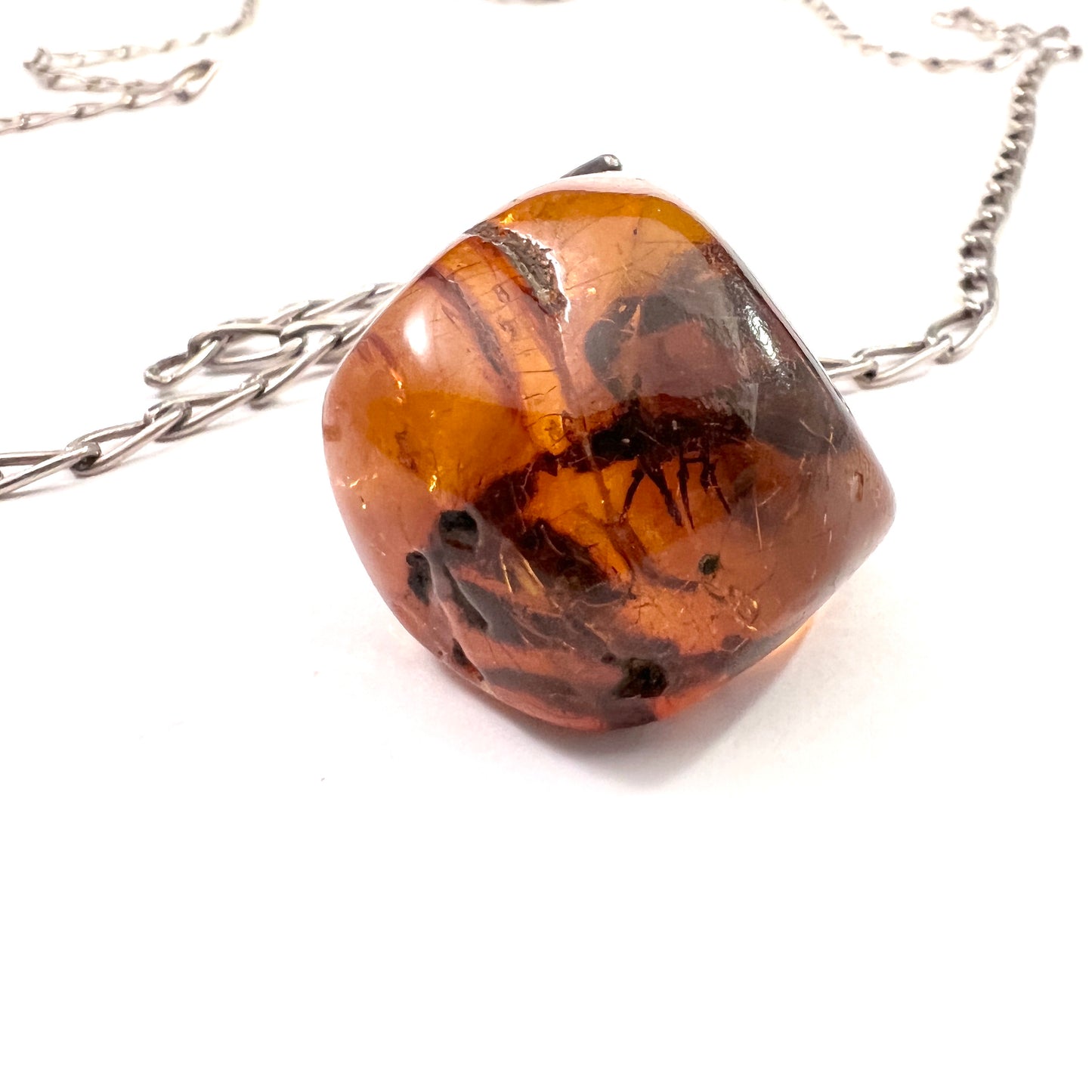 Maker RM, Poland 1963-86. Vintage Silver Large Baltic Amber Pendant 31in Chain Necklace.