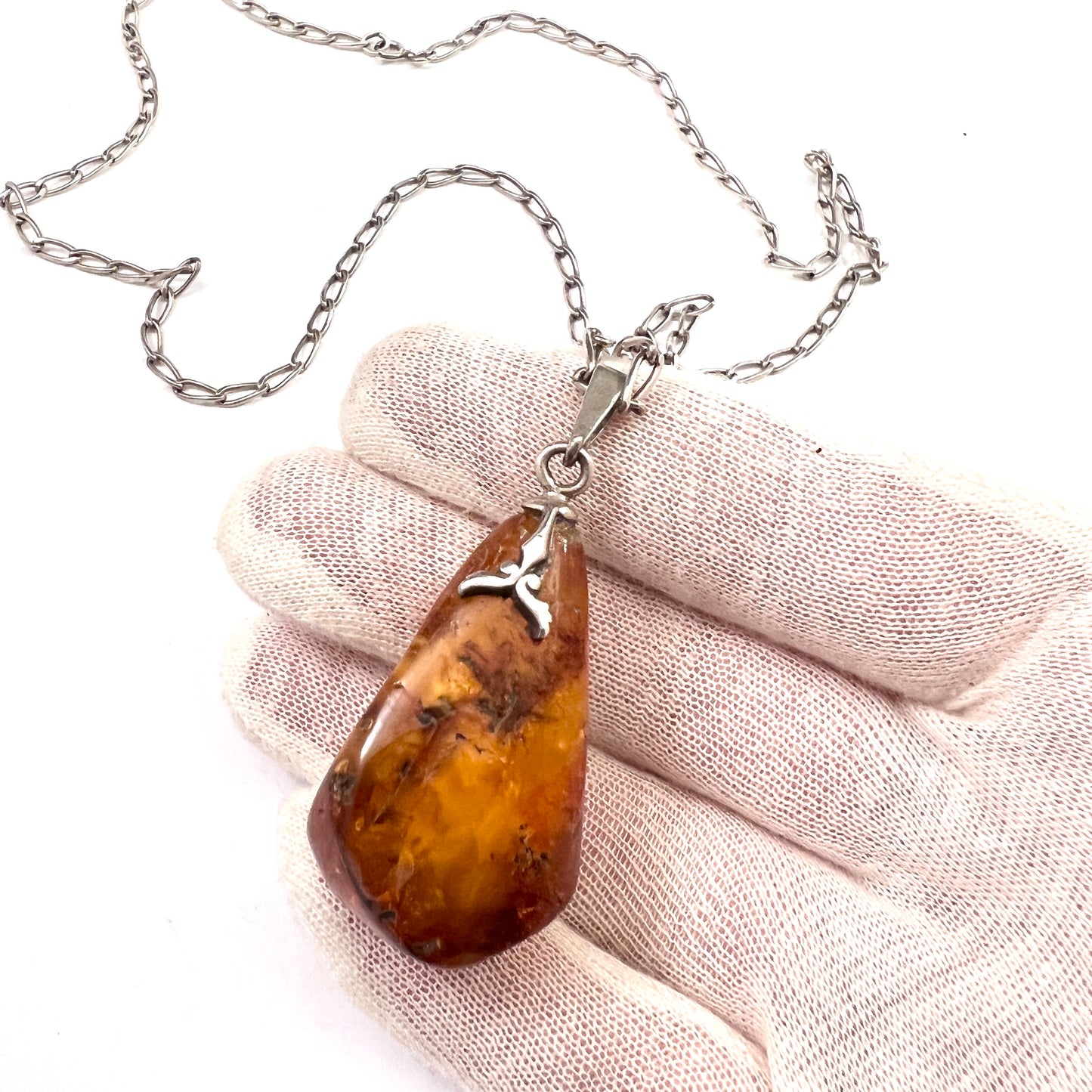 Maker RM, Poland 1963-86. Vintage Silver Large Baltic Amber Pendant 31in Chain Necklace.