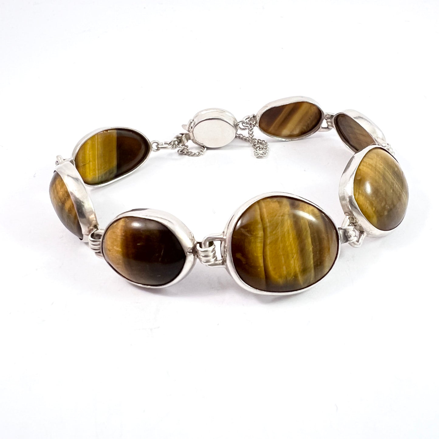 Vintage 1960s Solid 835 Silver Tiger's Eye Bracelet.