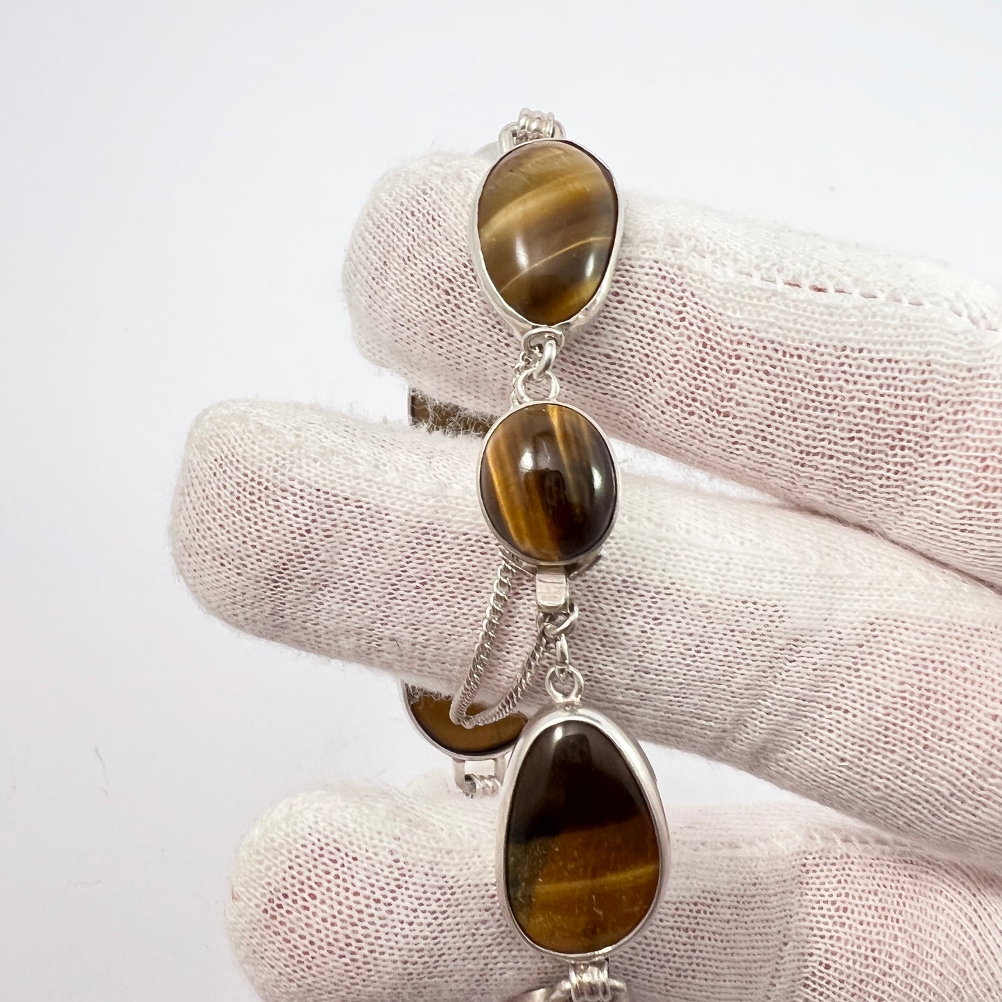 Vintage 1960s Solid 835 Silver Tiger's Eye Bracelet.