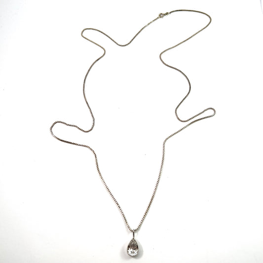 Vintage 835 Silver Quartz Pendant Long Chain Necklace.