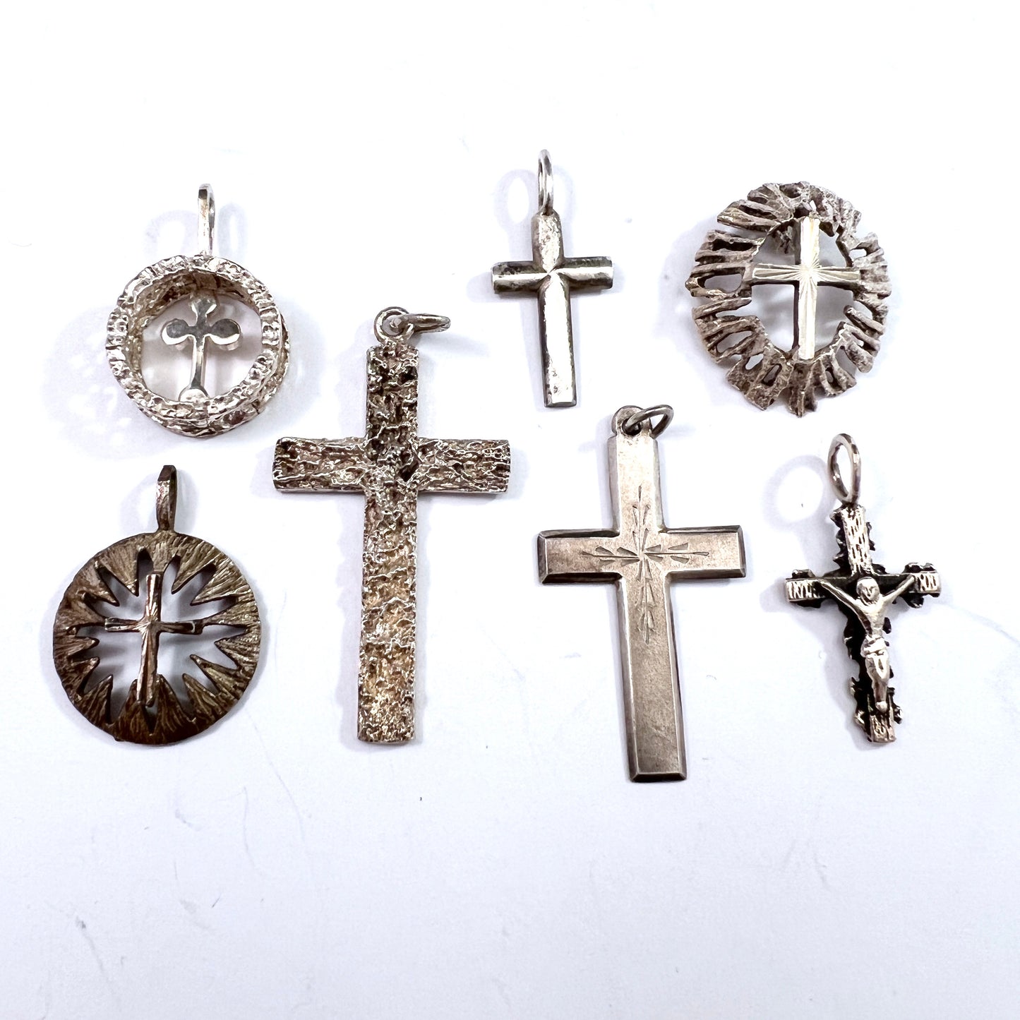 Finland 7 Vintage Solid Silver Cross Pendants. Job Lot.