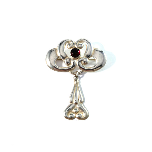 Denmark 1910s Art Nouveau Solid Silver Red Paste Brooch.