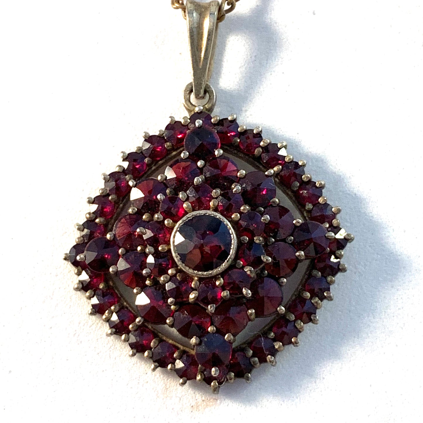 Czechoslovakia, Antique early 1900s Solid 900 Silver Bohemian Garnet Pendant. Hallmarked.