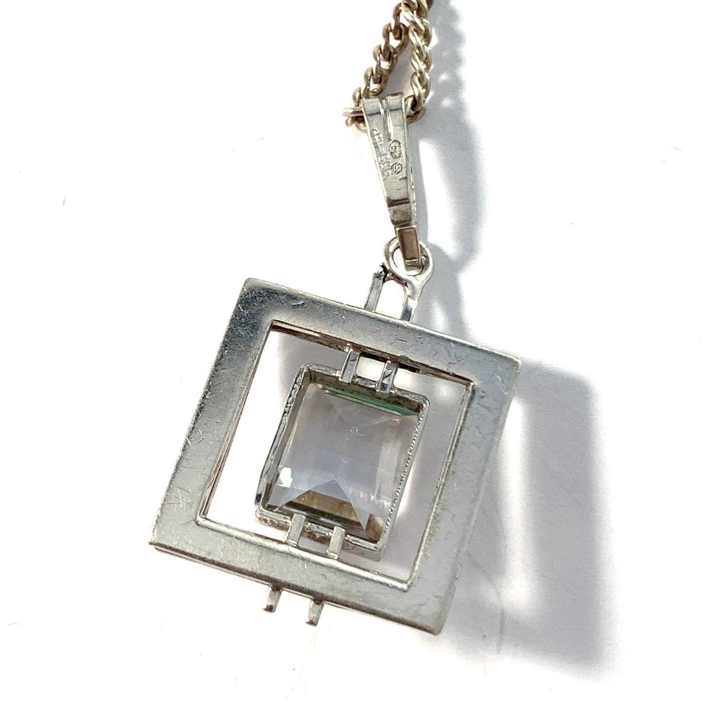 Kollmar & Jourdan, Germany 1950-60s Solid Silver Rock Crystal Pendant Long Chain Necklace.