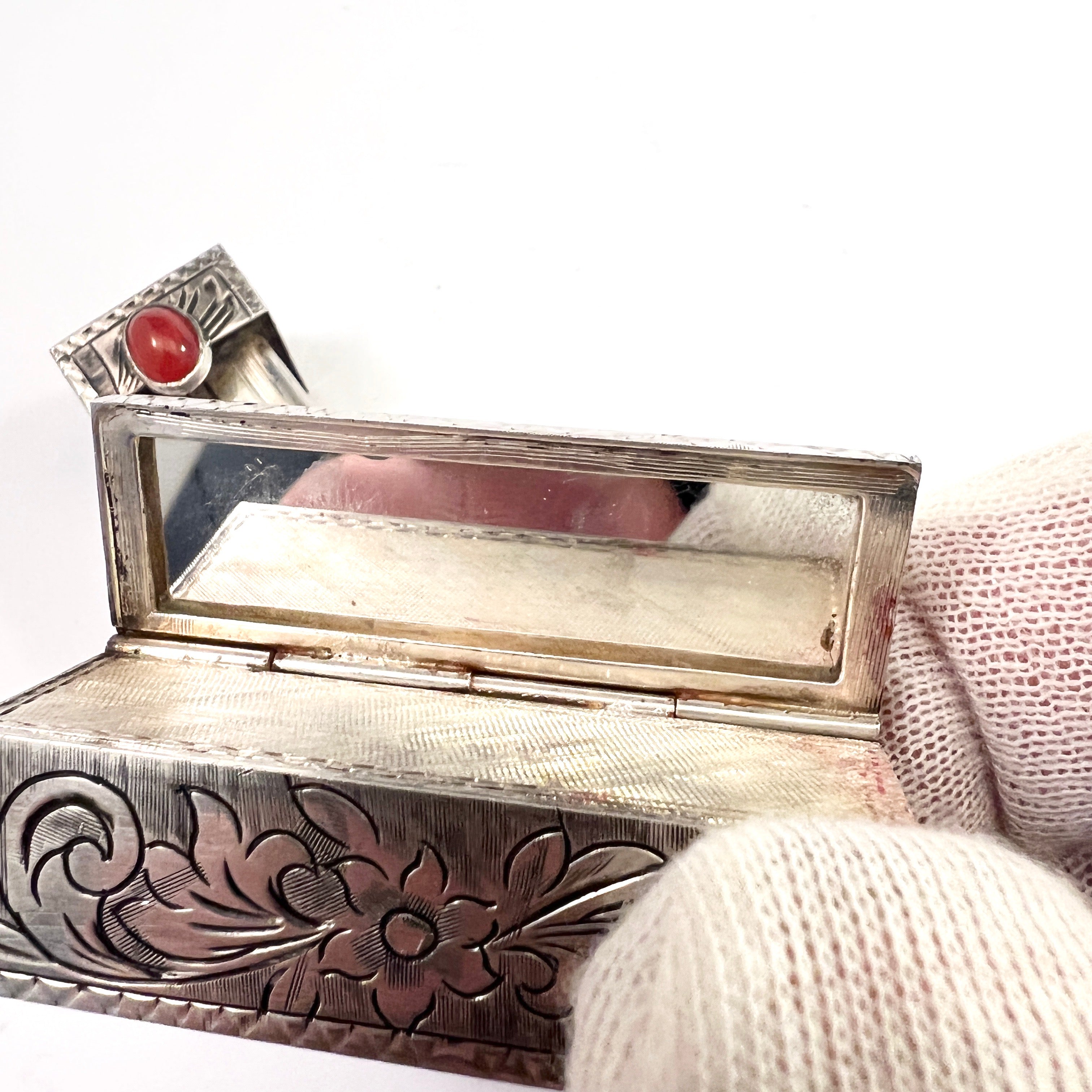 Italian vintage Sterling Silver 800 Lipstick Case with Mirror 1930s