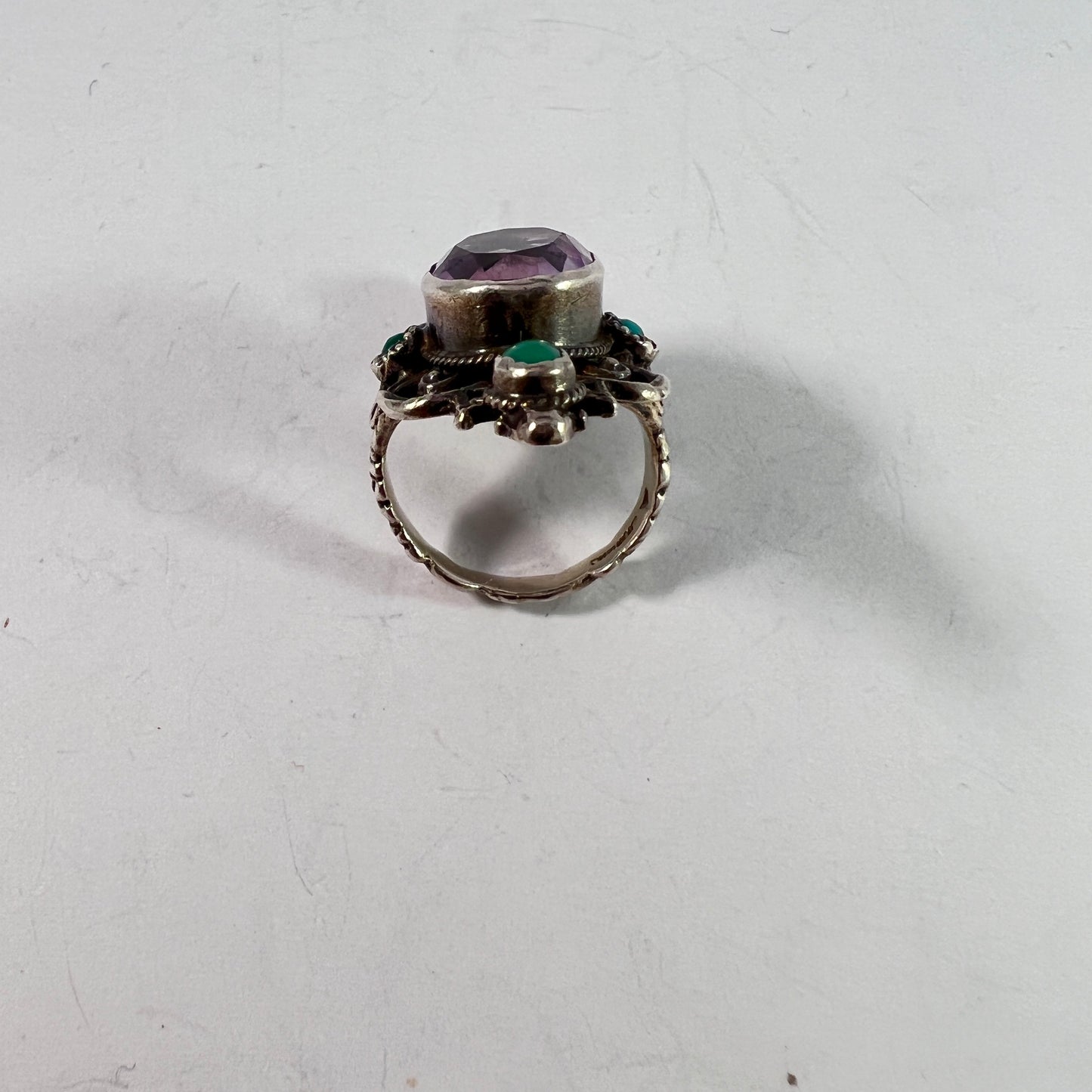 USA, Arts and Crafts Era. Sterling Silver Amethyst Turquoise Ring. Makers Mark.