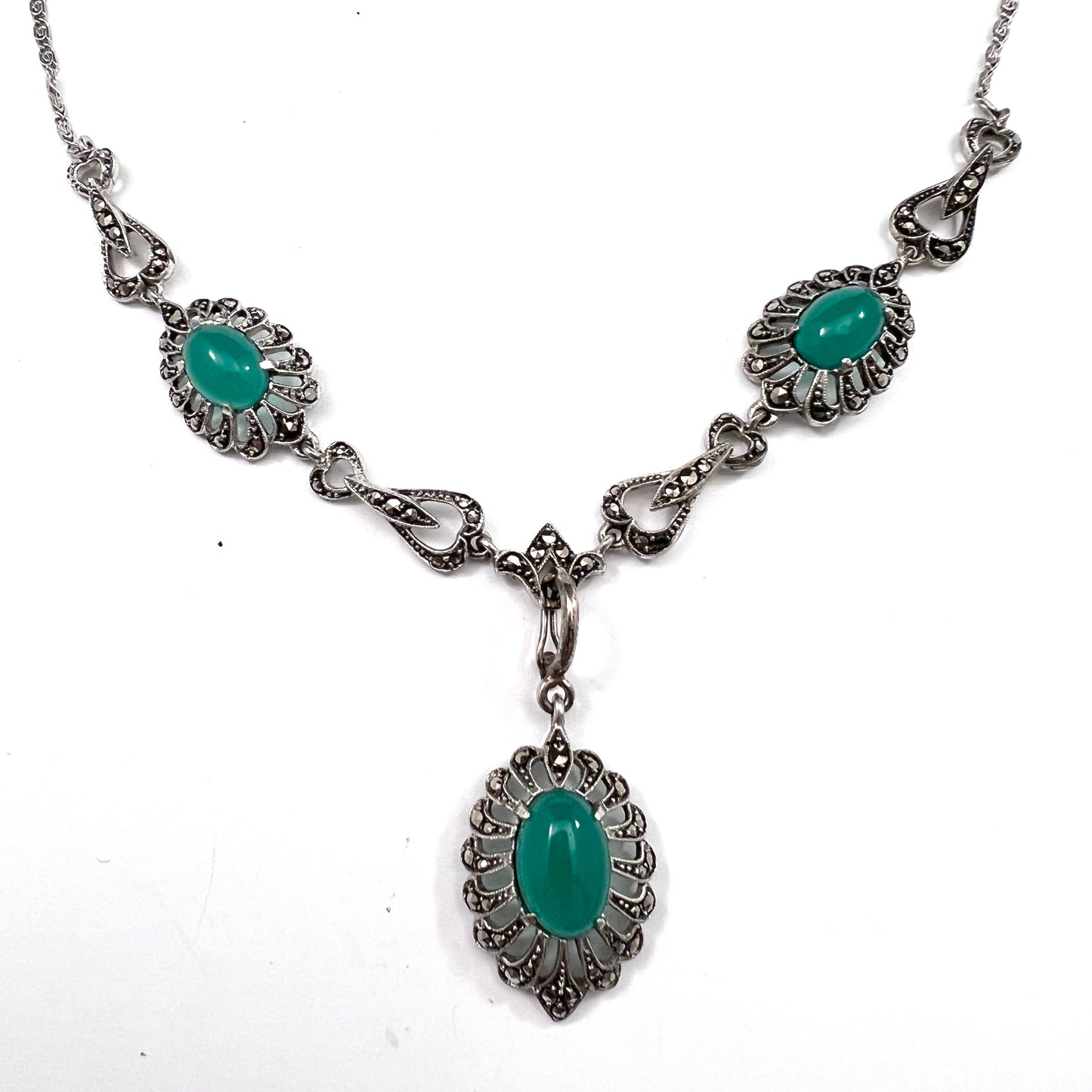 Sweden 1930-40s. Solid Silver Chrysoprase Marcasite Necklace.