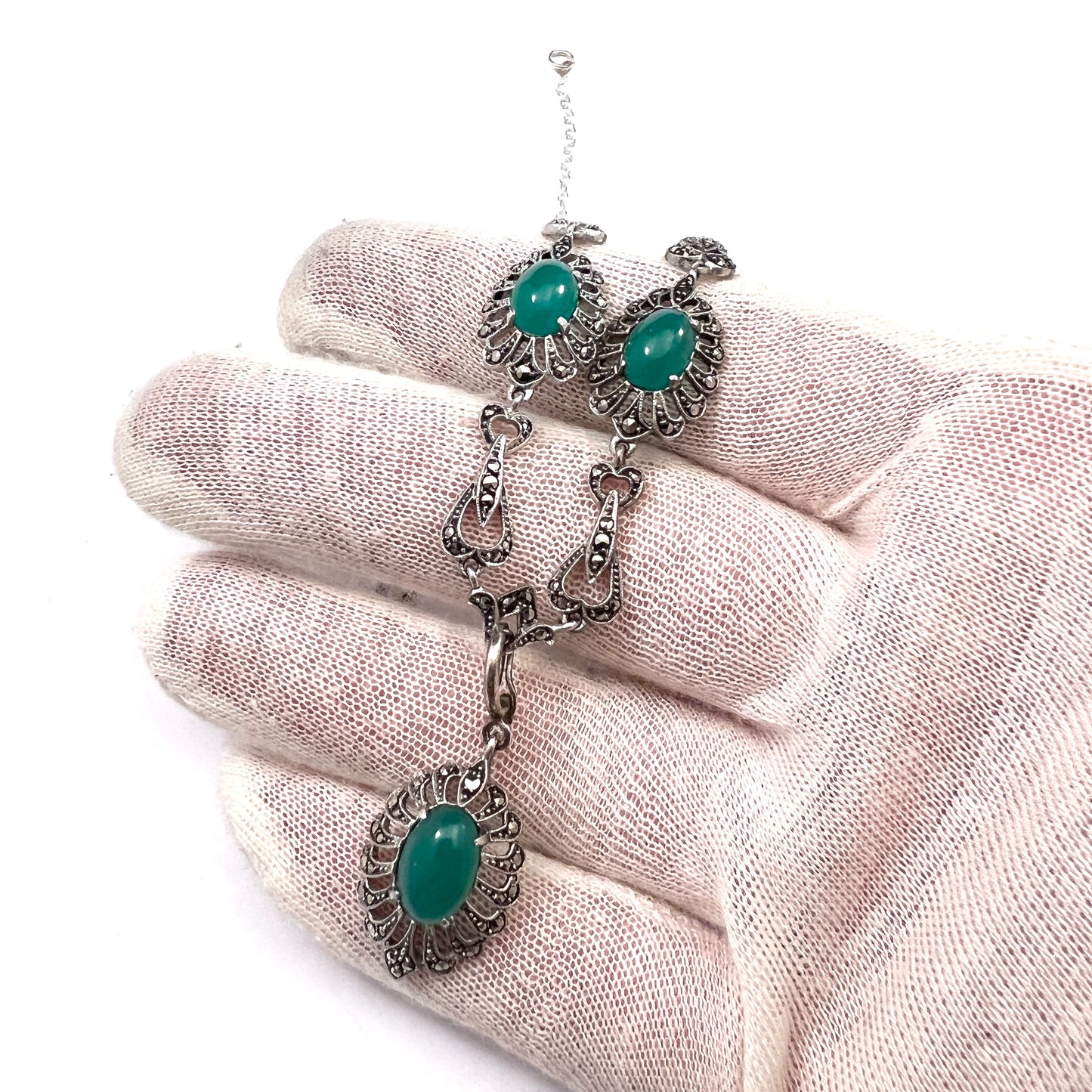 Sweden 1930-40s. Solid Silver Chrysoprase Marcasite Necklace.