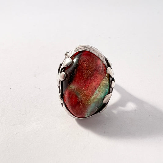 Signed SUTTON Vintage Sterling Silver Art Glass Ring.