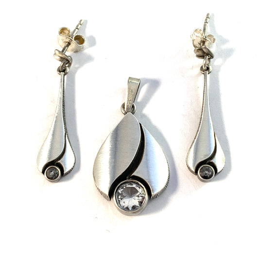 Karl Laine for Finn Feelings, Finland Vintage Sterling Silver Rock Crystal Earrings and Pendant