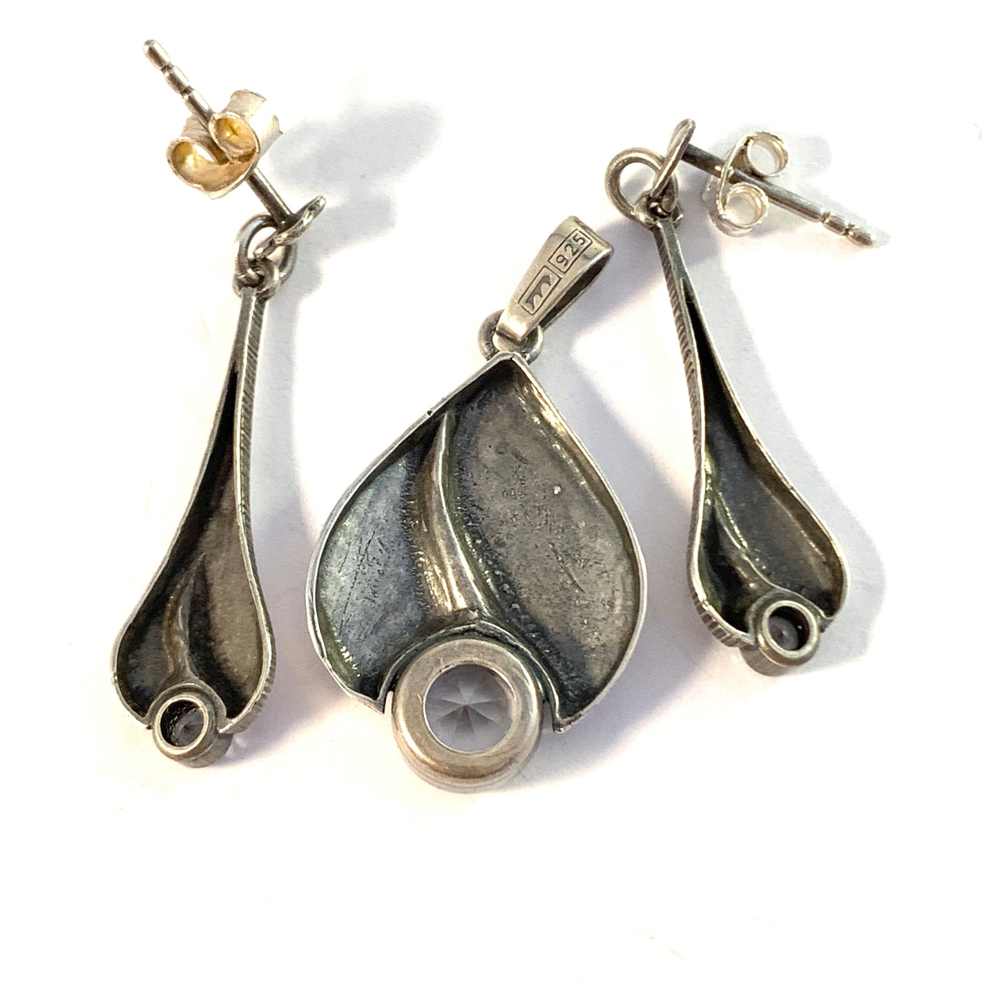 Karl Laine for Finn Feelings, Finland Vintage Sterling Silver Rock Crystal Earrings and Pendant