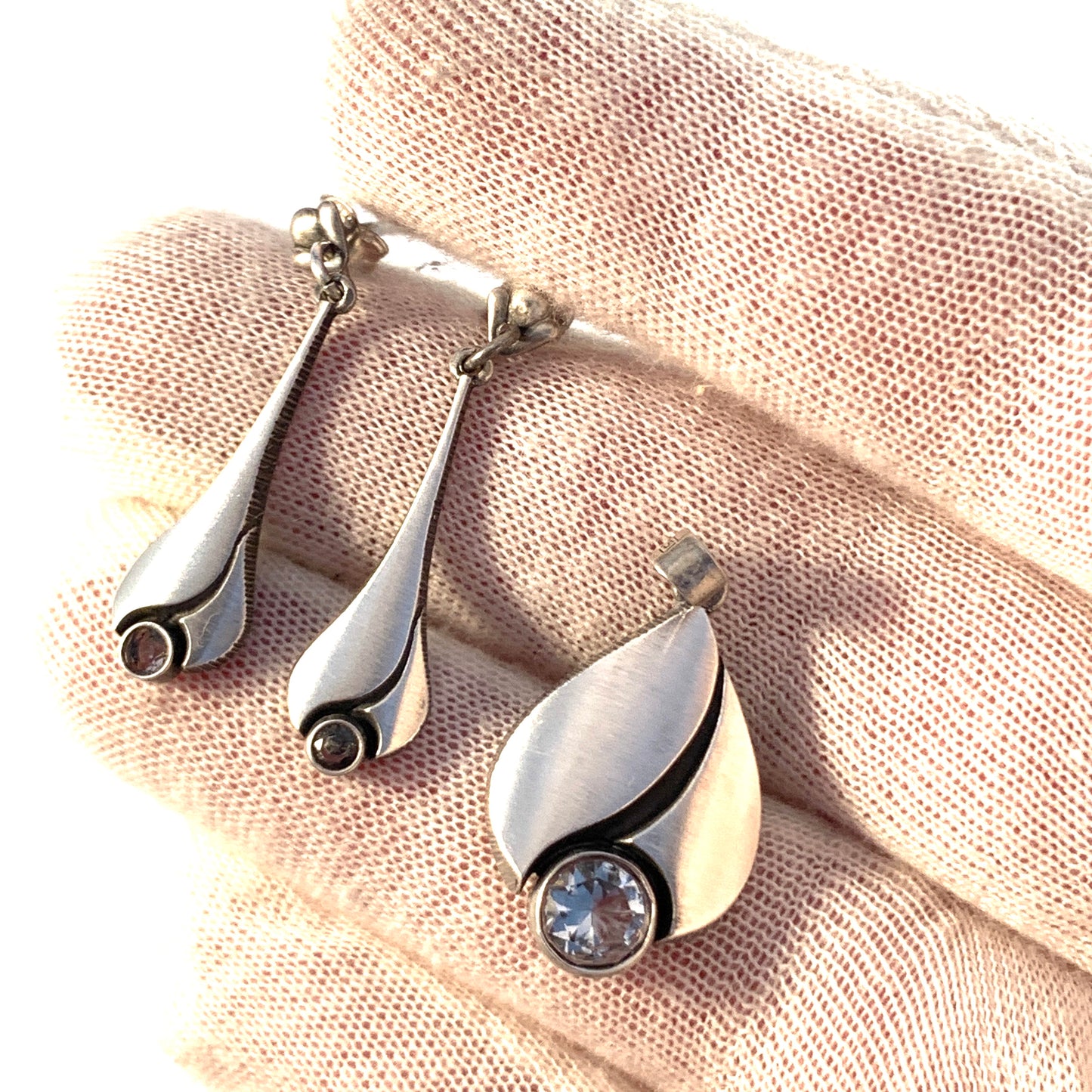 Karl Laine for Finn Feelings, Finland Vintage Sterling Silver Rock Crystal Earrings and Pendant