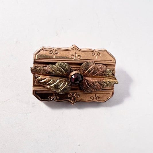 Antique Victorian Garnet Bicolor Gilt Metal Puffy Brooch. Probably France